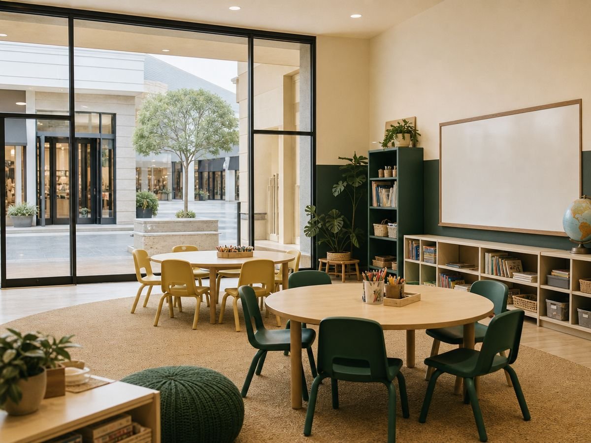 A glass-fronted ground-floor classroom in a mall