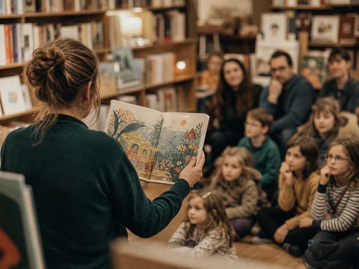 Holding up a copy of Beyond Why to an audience of children at a bookshop