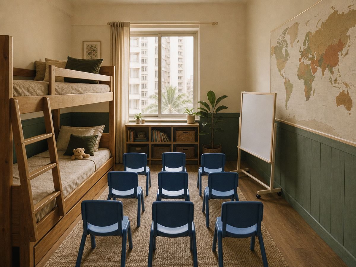 A bedroom turned classroom: a bunk bed, a world map, a whiteboard and ten blue chairs