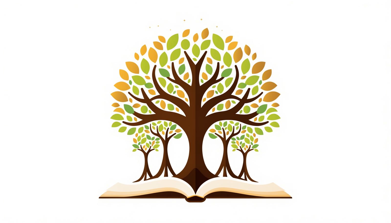 A banyan tree growing from an open book, its aerial roots become smaller trees of their own