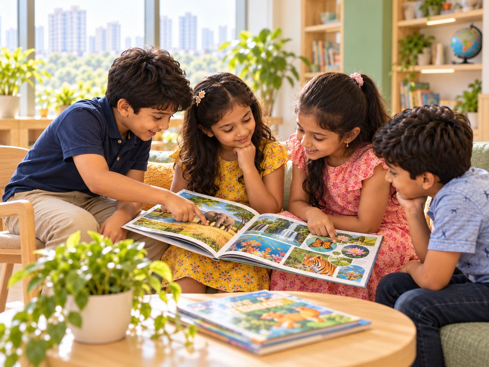 Children reading the Beyond Why magazine together on a sofa