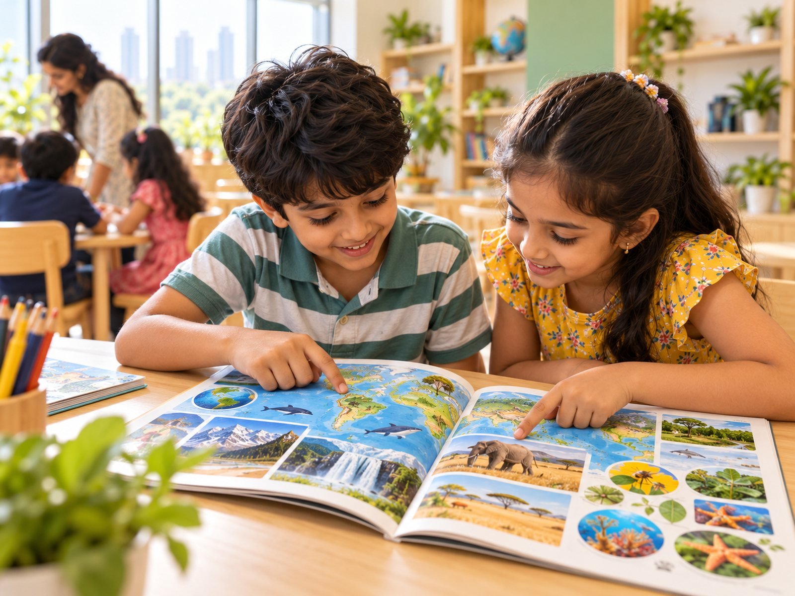 Two children pointing at an illustrated spread of Beyond Why