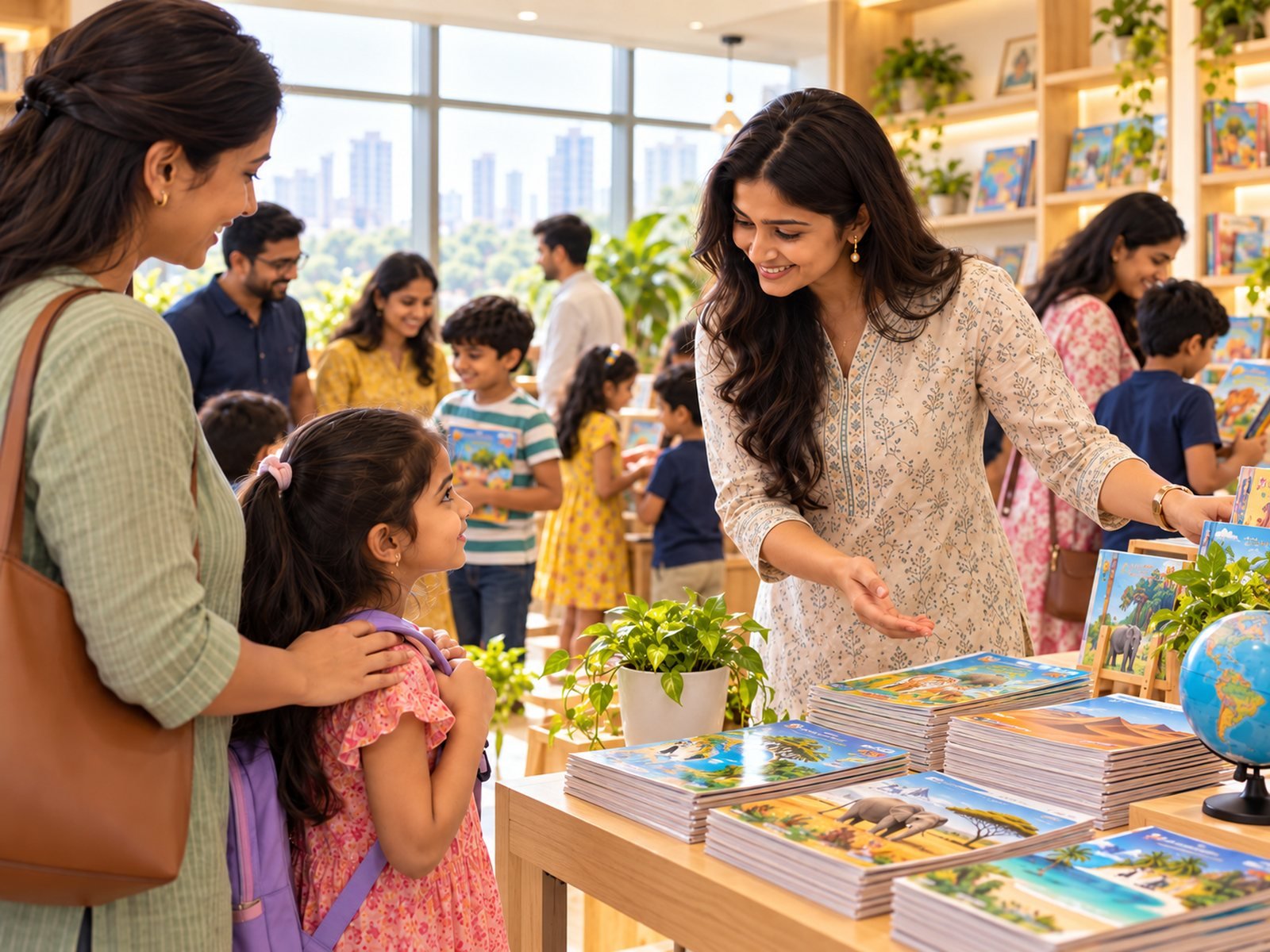 Parents and children browsing stacks of Beyond Why at the launch