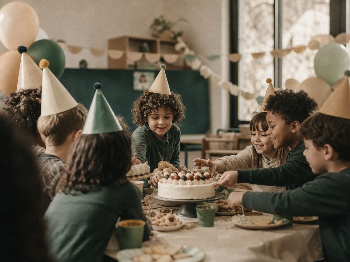 Children in paper hats around a cake at the gratitude party