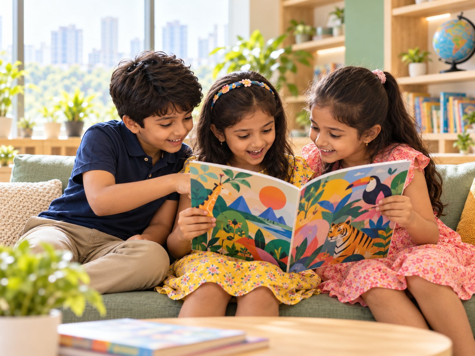 Three children reading a colourful Beyond Why magazine together