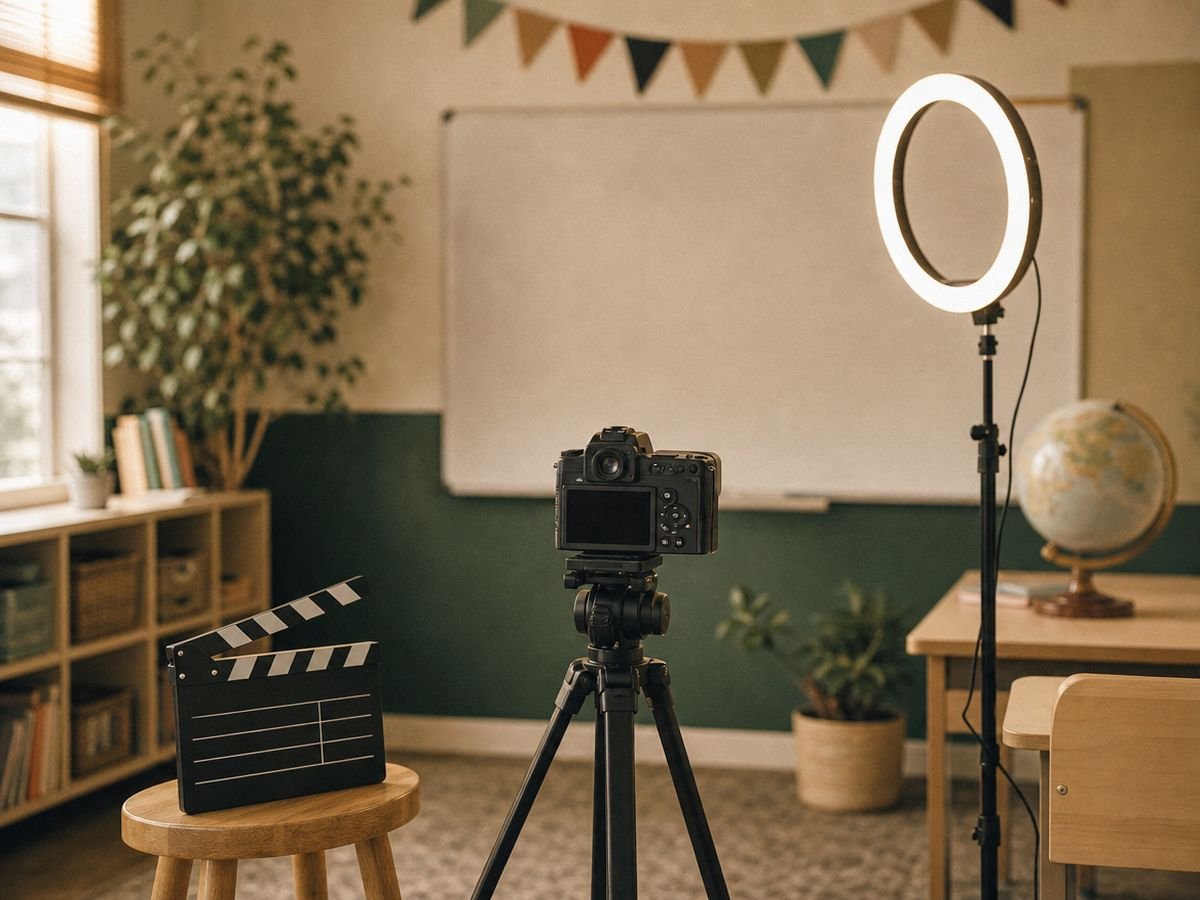 A camera on a tripod and a ring light set up in a classroom