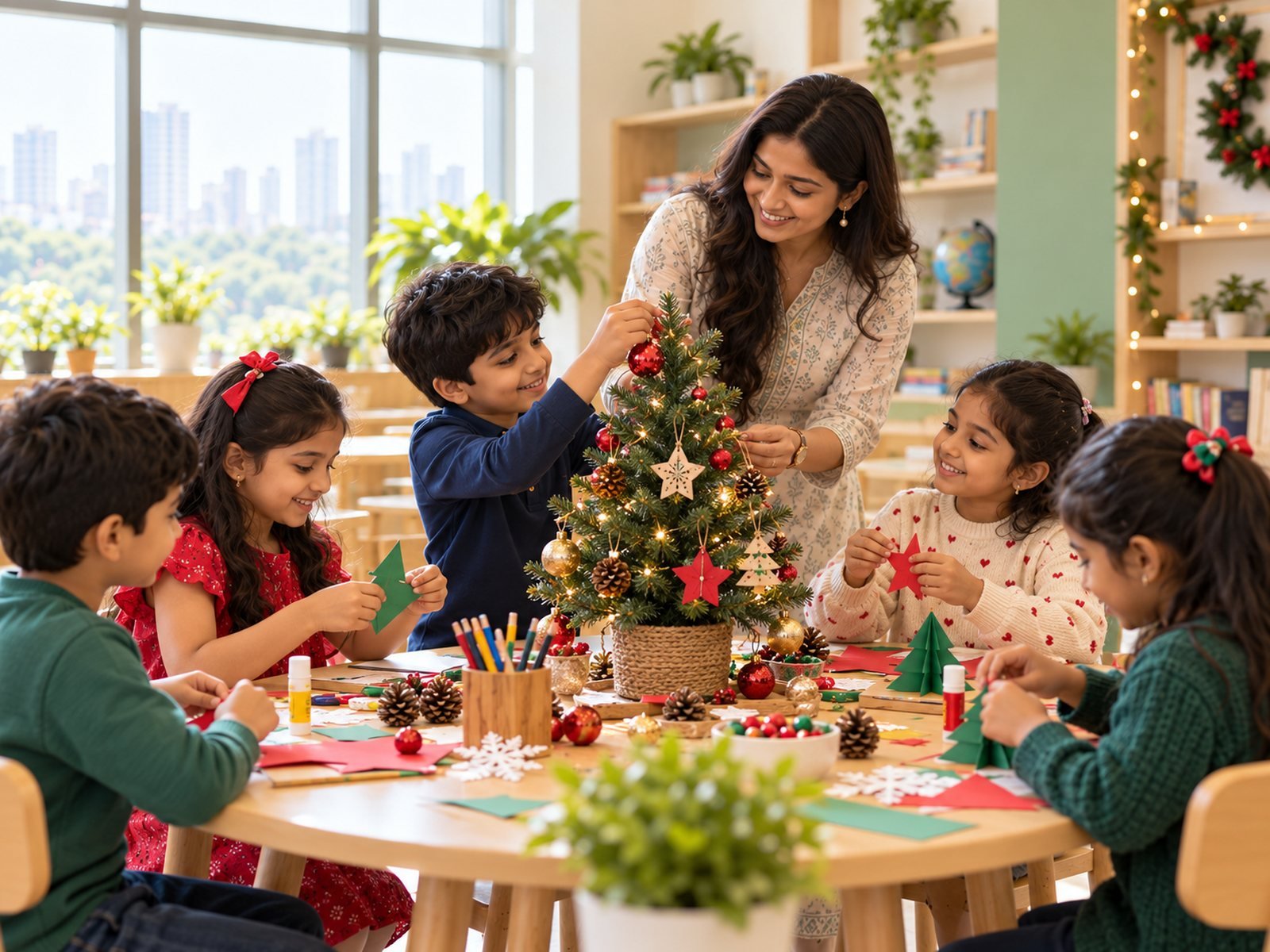 Children making paper stars and decorating a small Christmas tree at a workshop