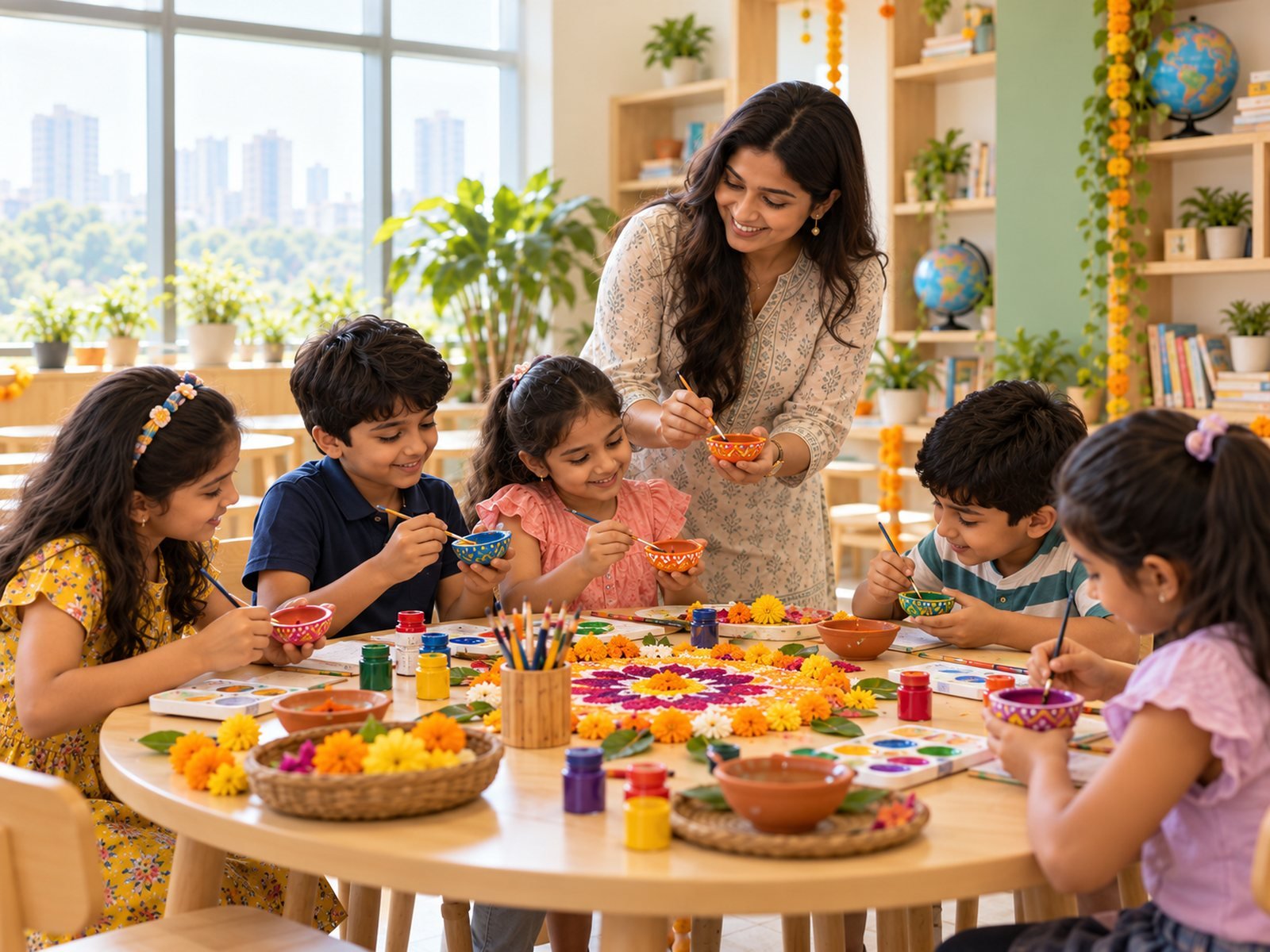 Children painting diyas and making rangoli at a Diwali workshop