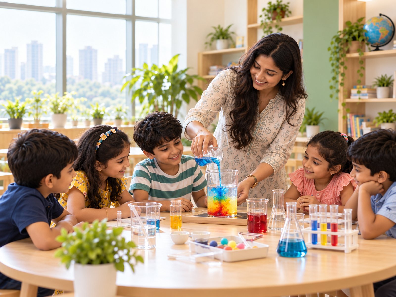 Children doing a colourful science experiment with their teacher at summer camp