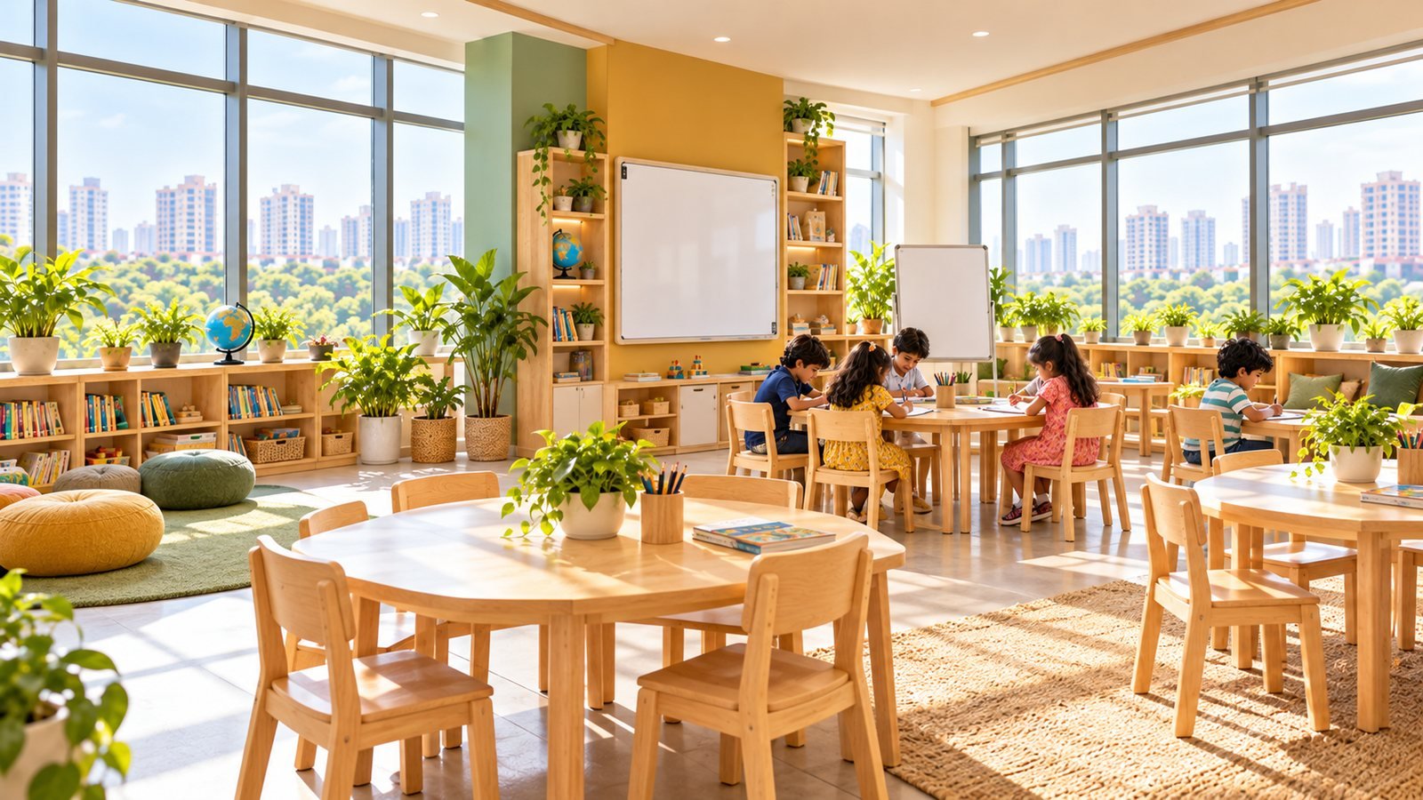 The Al Mankhool, Dubai classroom: yellow and green walls with a whiteboard