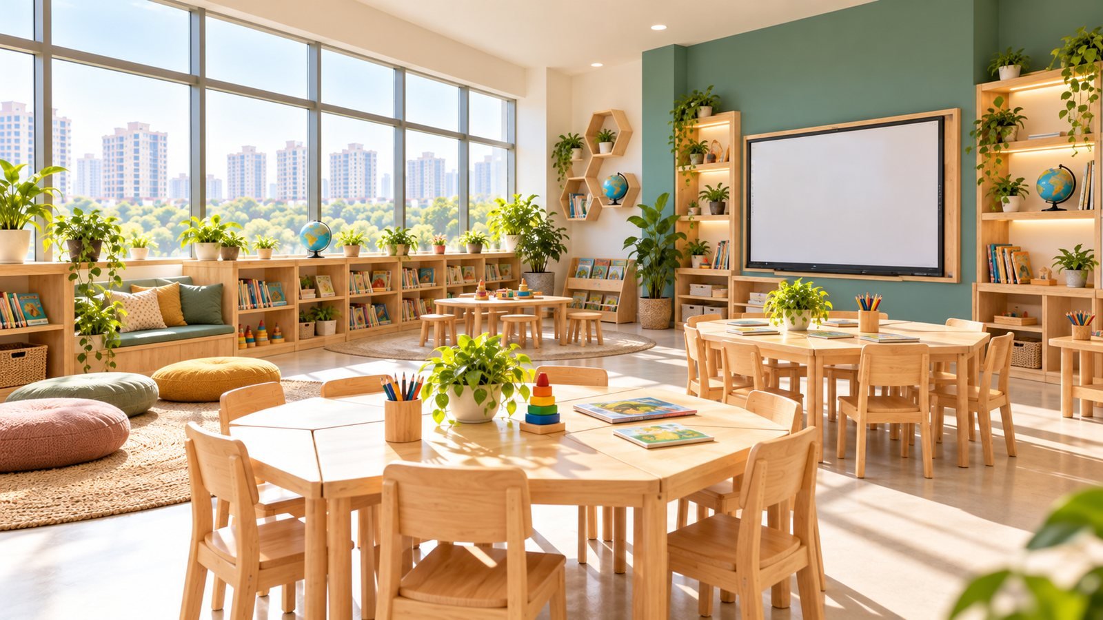 The Ghatkopar West classroom: floor cushions beside a book corner