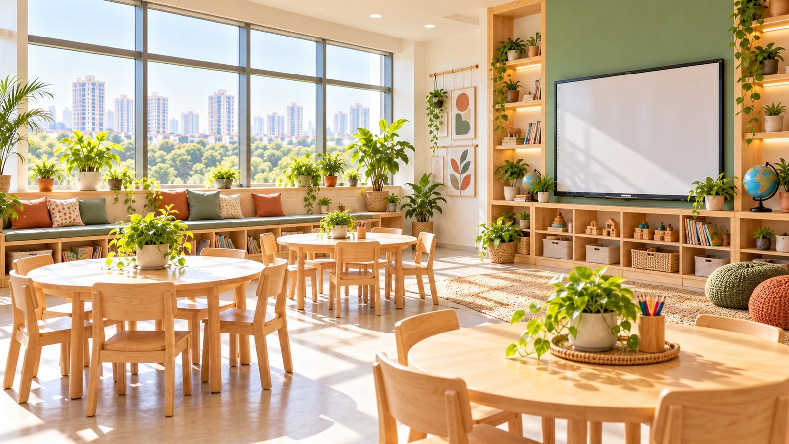 The Jogeshwari East classroom: a seating area under tall windows