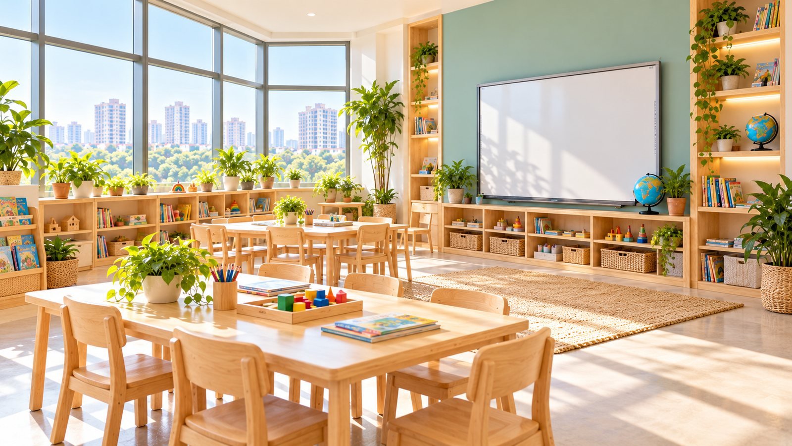 The Juhu classroom: bright and airy with a green feature wall