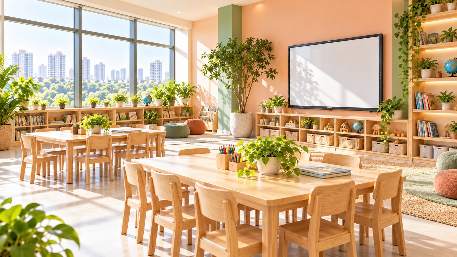 The Kandivali East classroom: a soft peach wall and long tables
