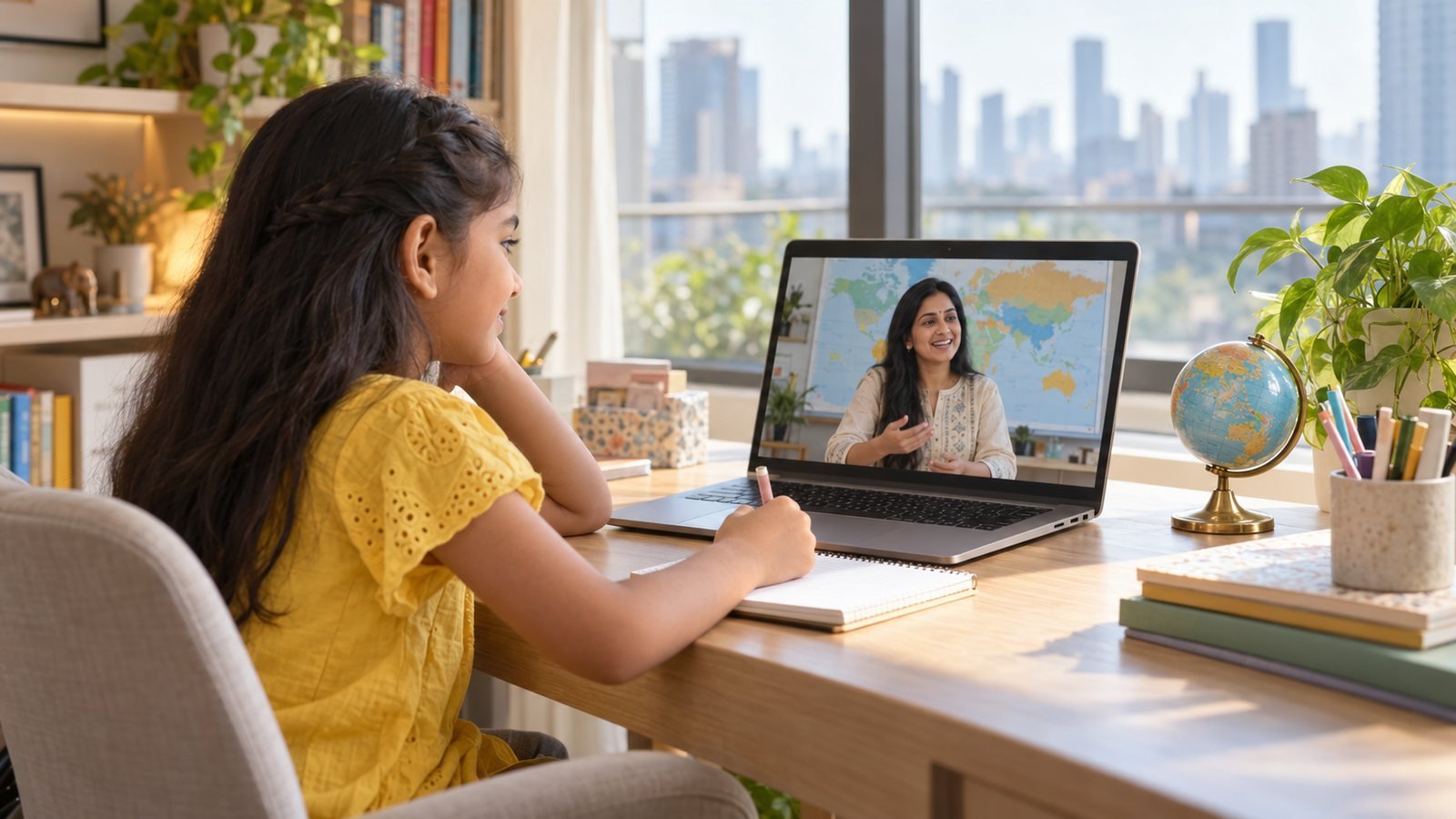 A child taking a live online class on a laptop at home