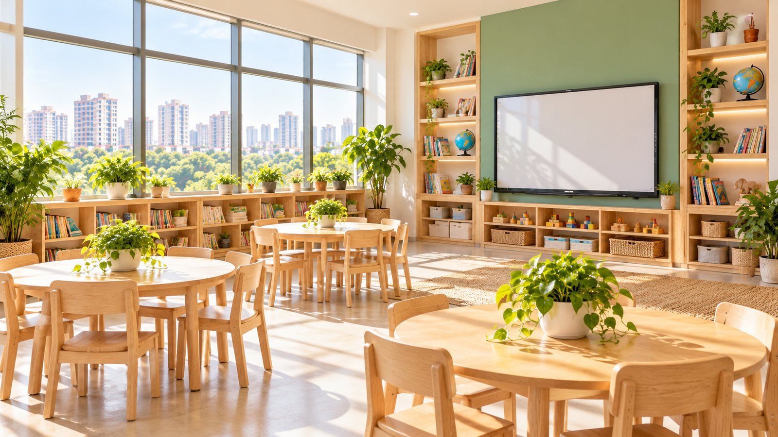 The Santa Cruz West classroom: round tables, a large screen and a city view
