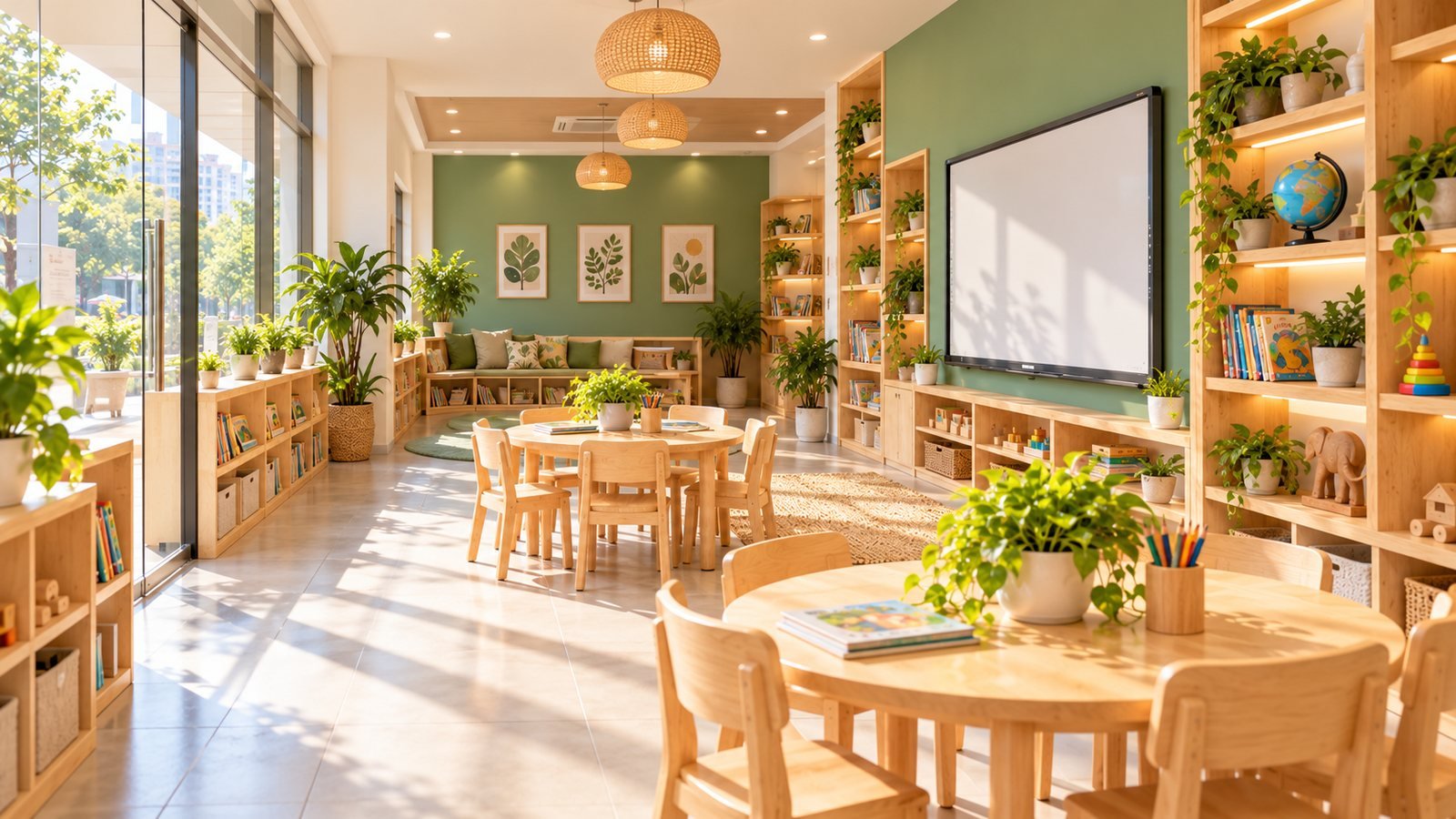 The Vashi classroom: a glass-fronted room with pendant lights