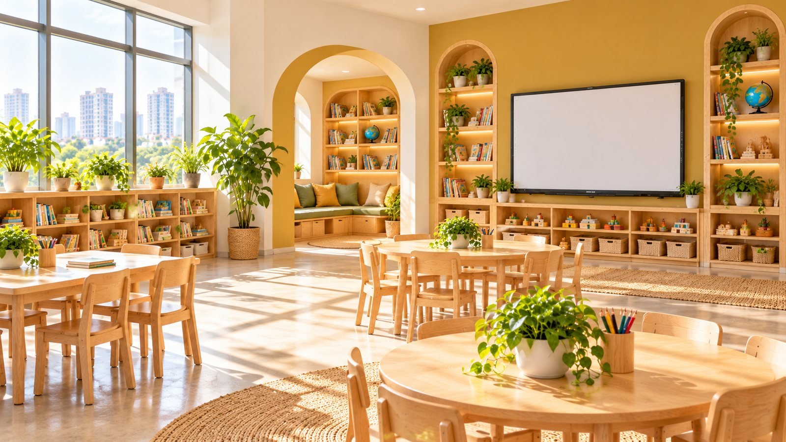 The Worli classroom: warm yellow walls with a reading nook