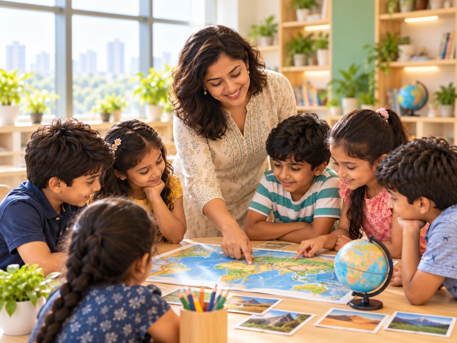 A Banyan Tree educator teaching children around a table with a world map