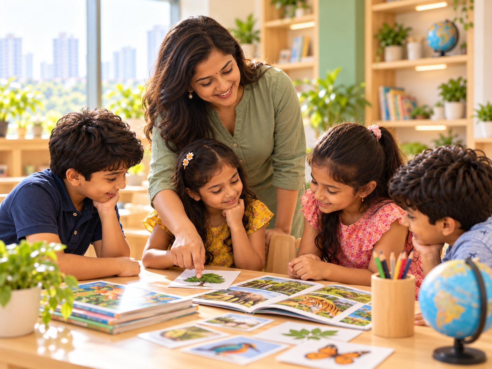 An educator and children exploring a nature photo book at a table with a globe
