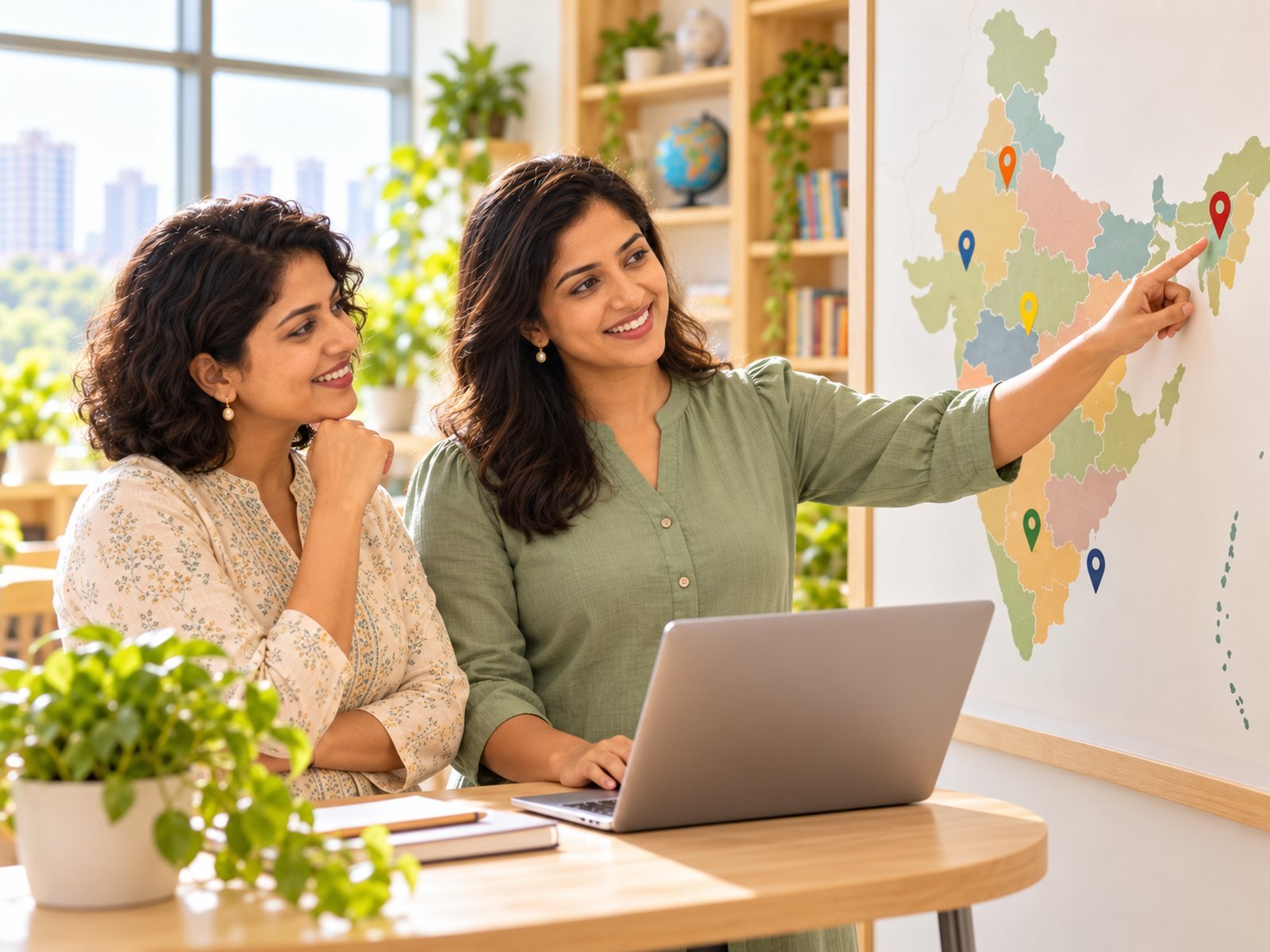 An educator pointing at a map of India with coloured pins beside a colleague at a laptop