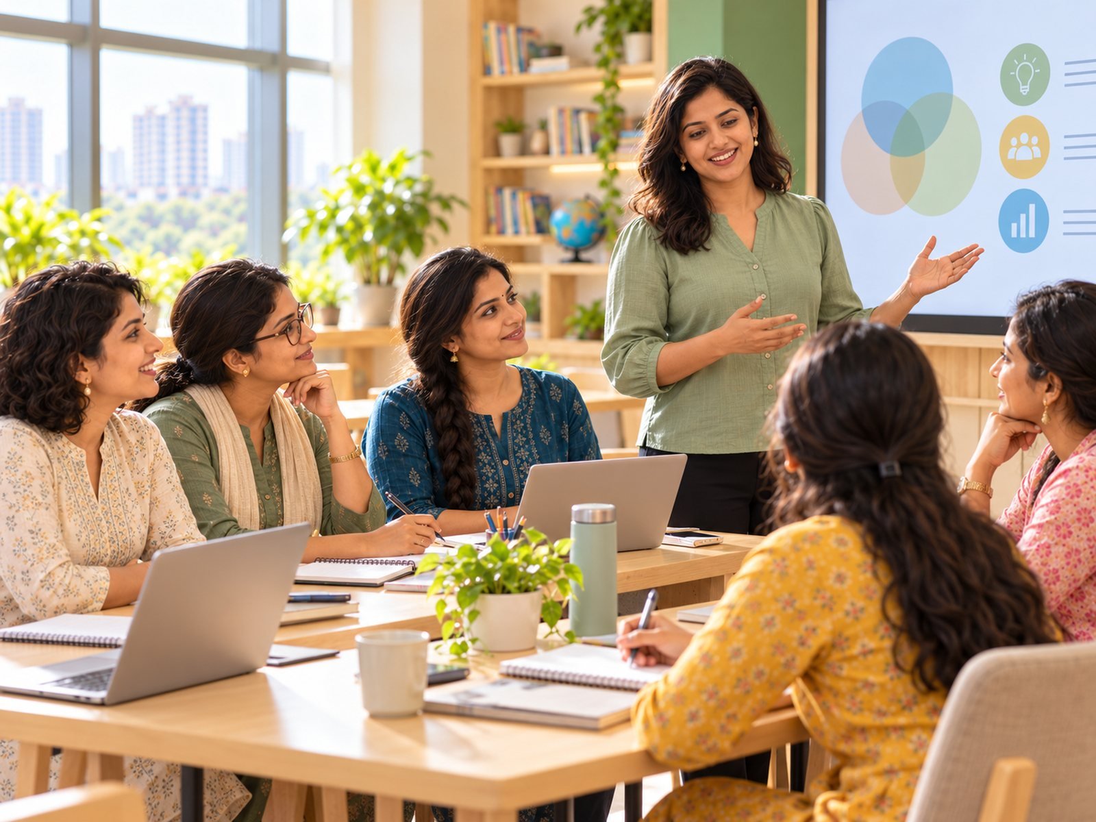 Educators in an orientation session while the trainer presents on a screen