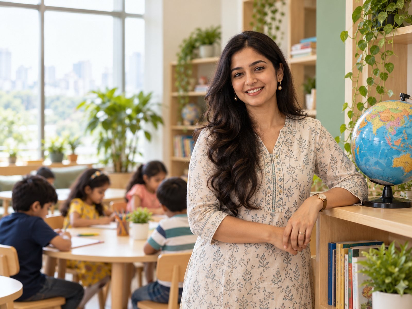 A teacher with a globe in a bright Banyan Tree classroom with children at tables