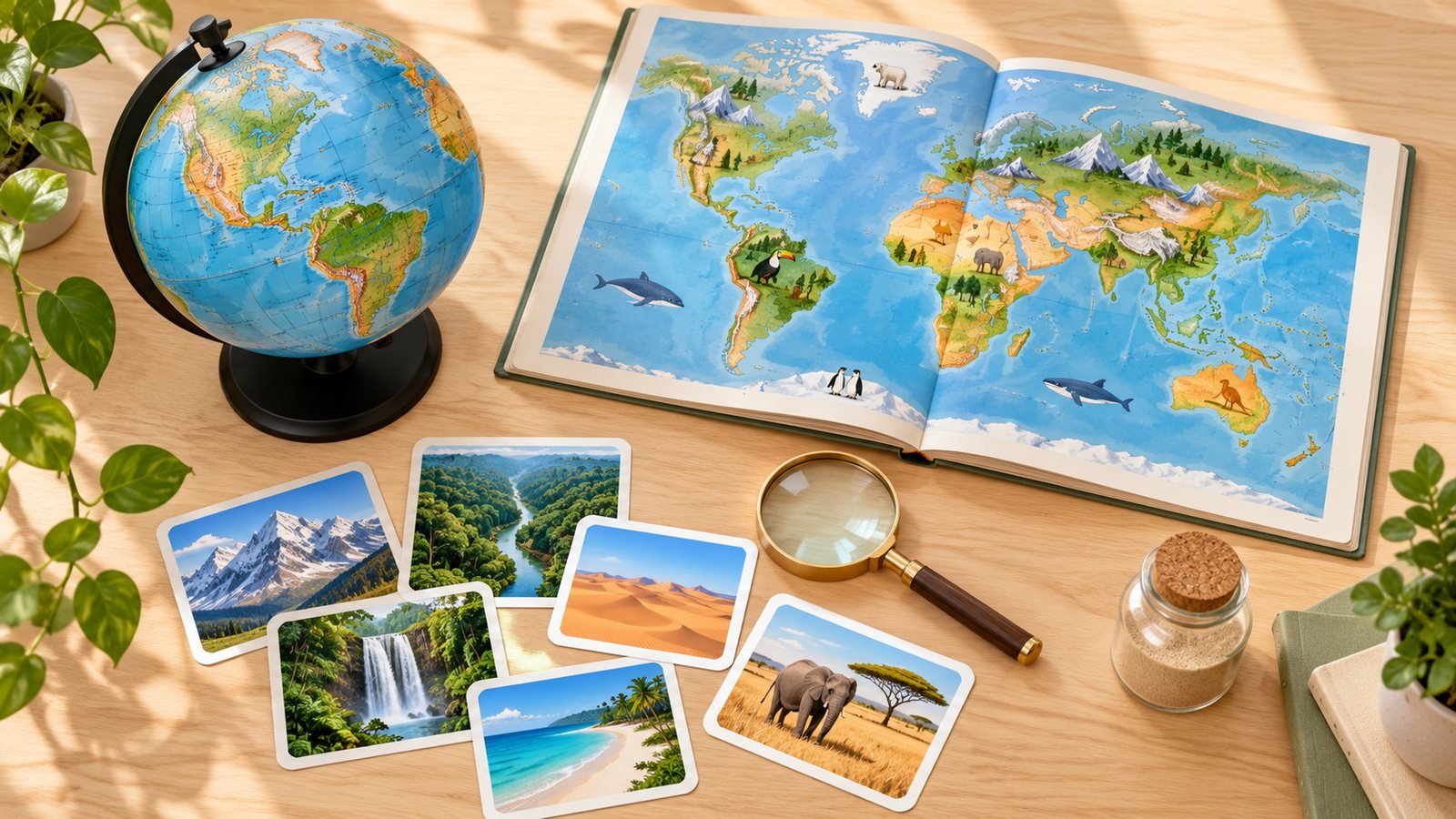 A light wood desk with a globe, an open atlas, photo cards and a magnifying glass