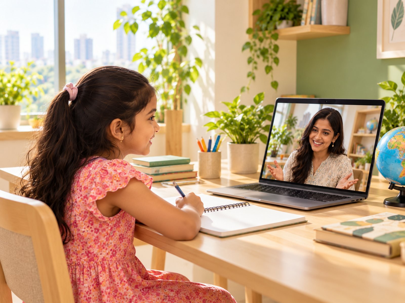 A child at a home desk in a live online class, smiling at her teacher on a laptop