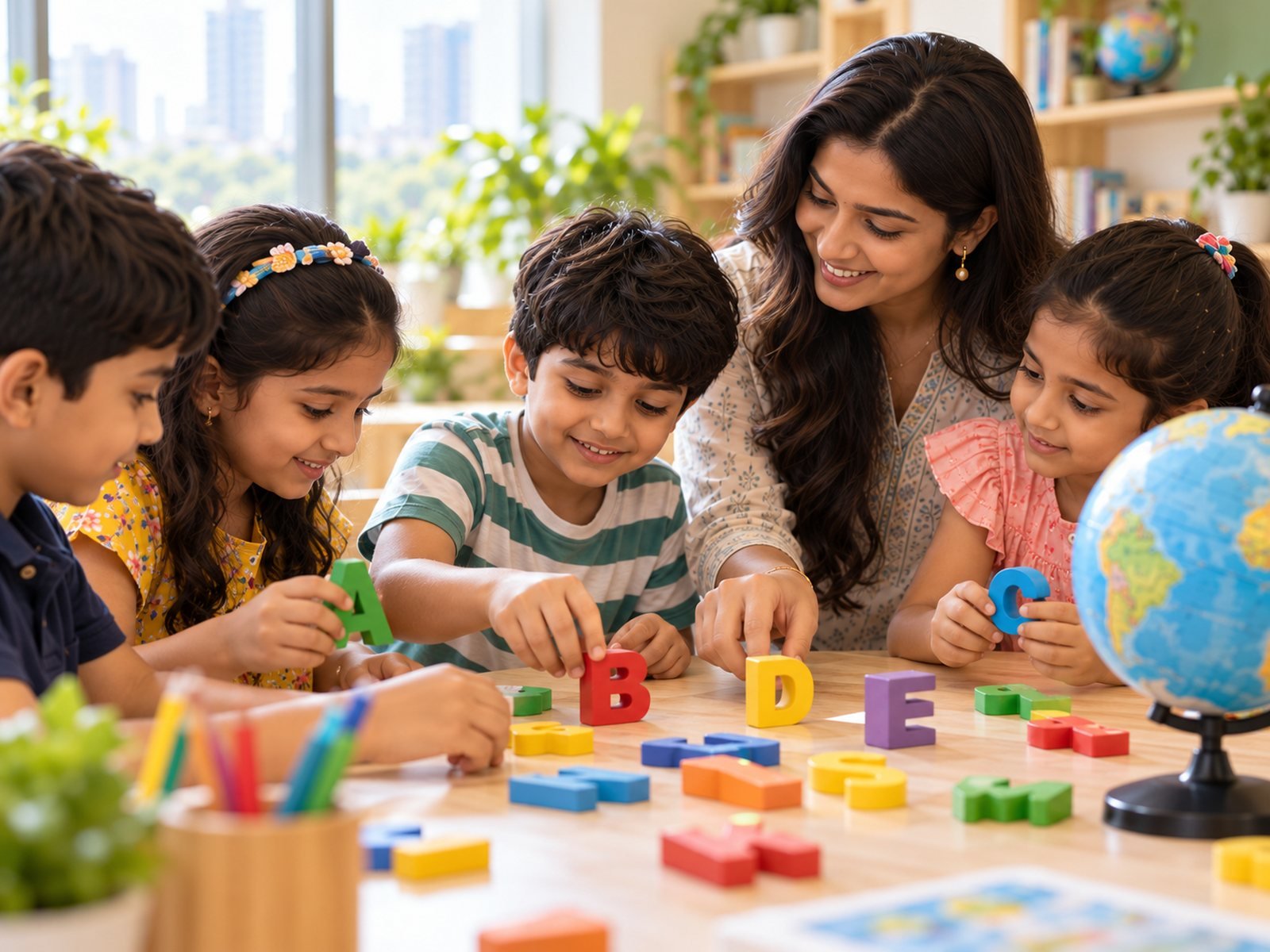 Children arranging letter blocks beside a globe with their teacher