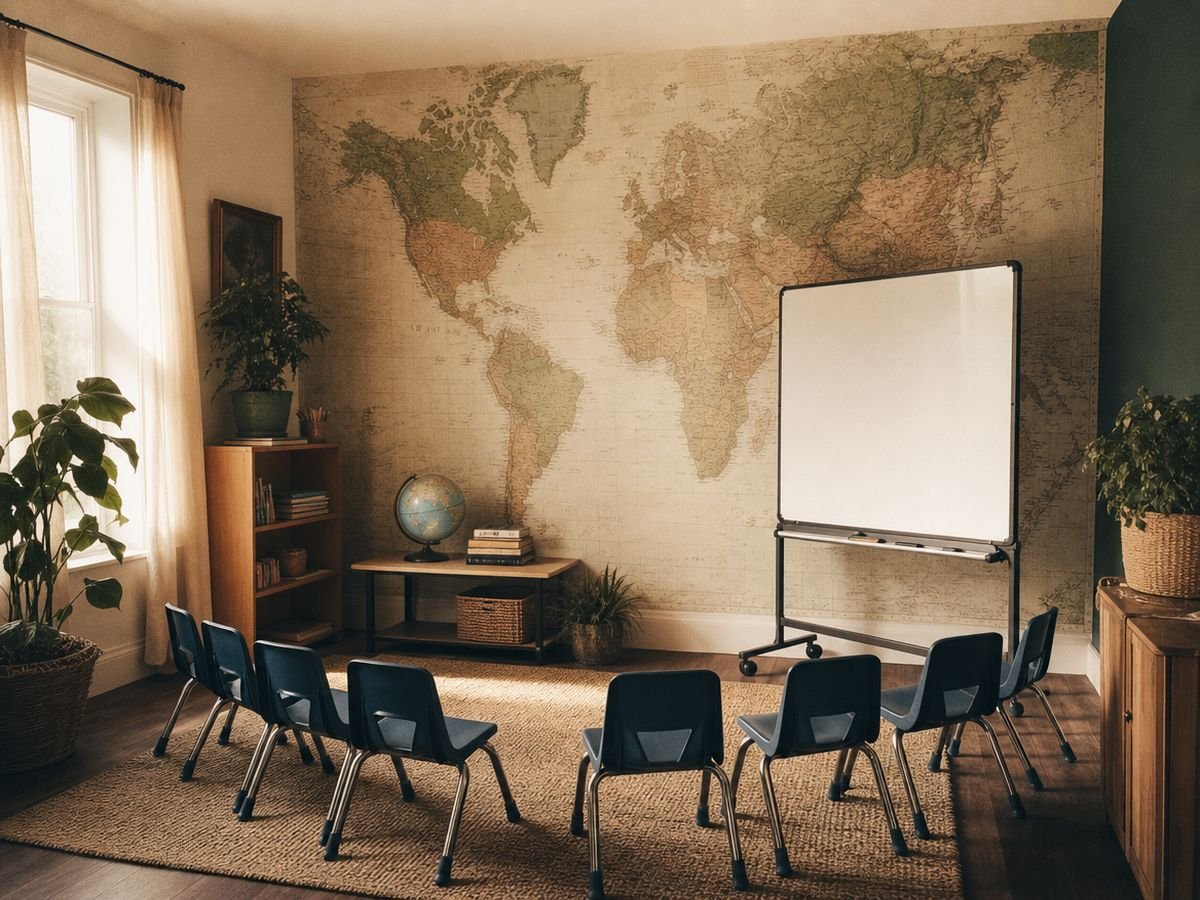 The first Banyan Tree classroom: a world map across the wall, a movable whiteboard and ten blue chairs