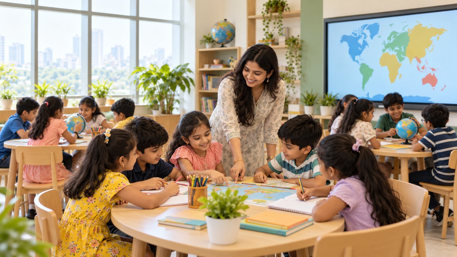 A batch of children working in small groups at tables while the teacher helps