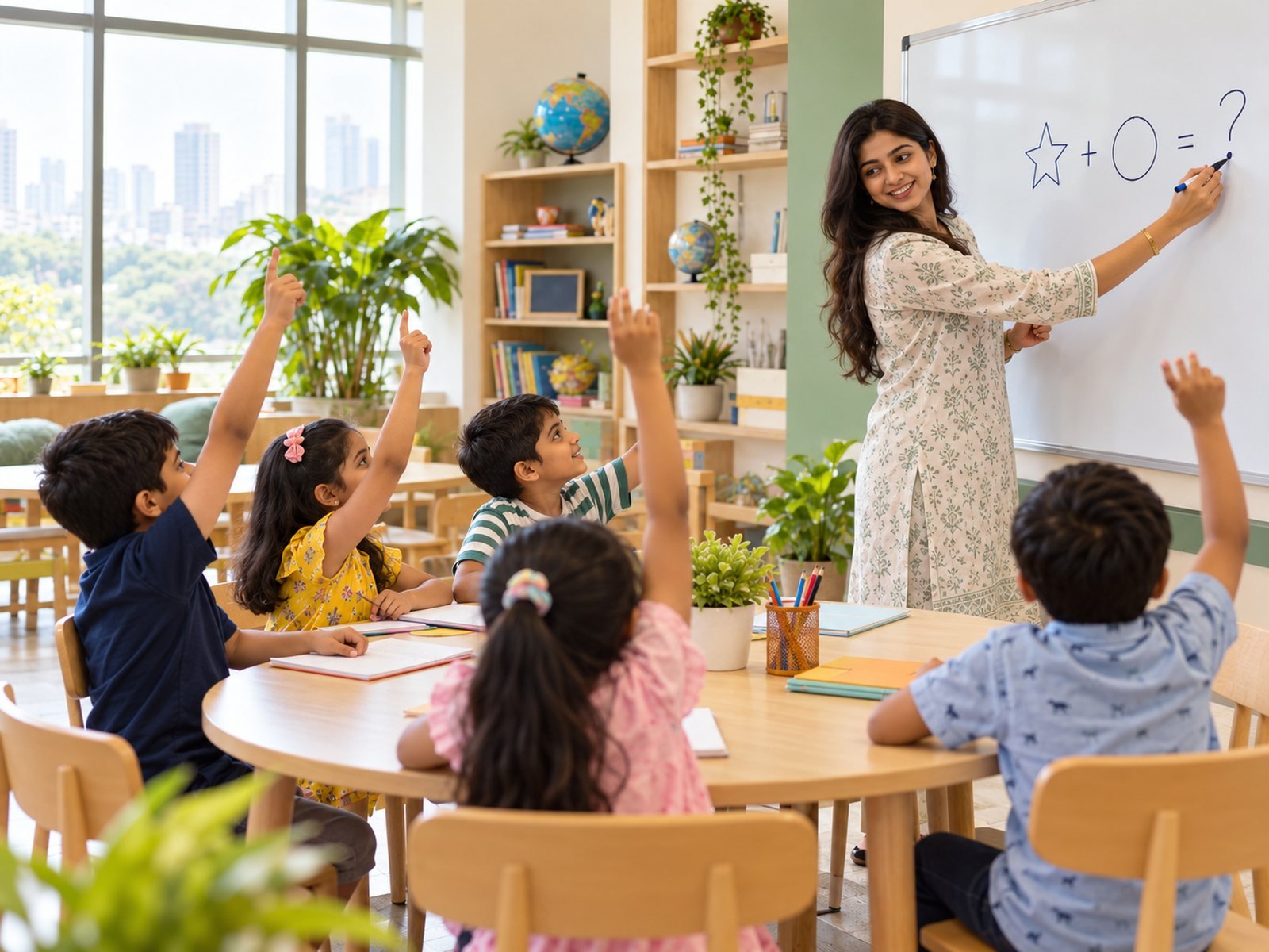 A teacher writing a question on the whiteboard while children raise their hands