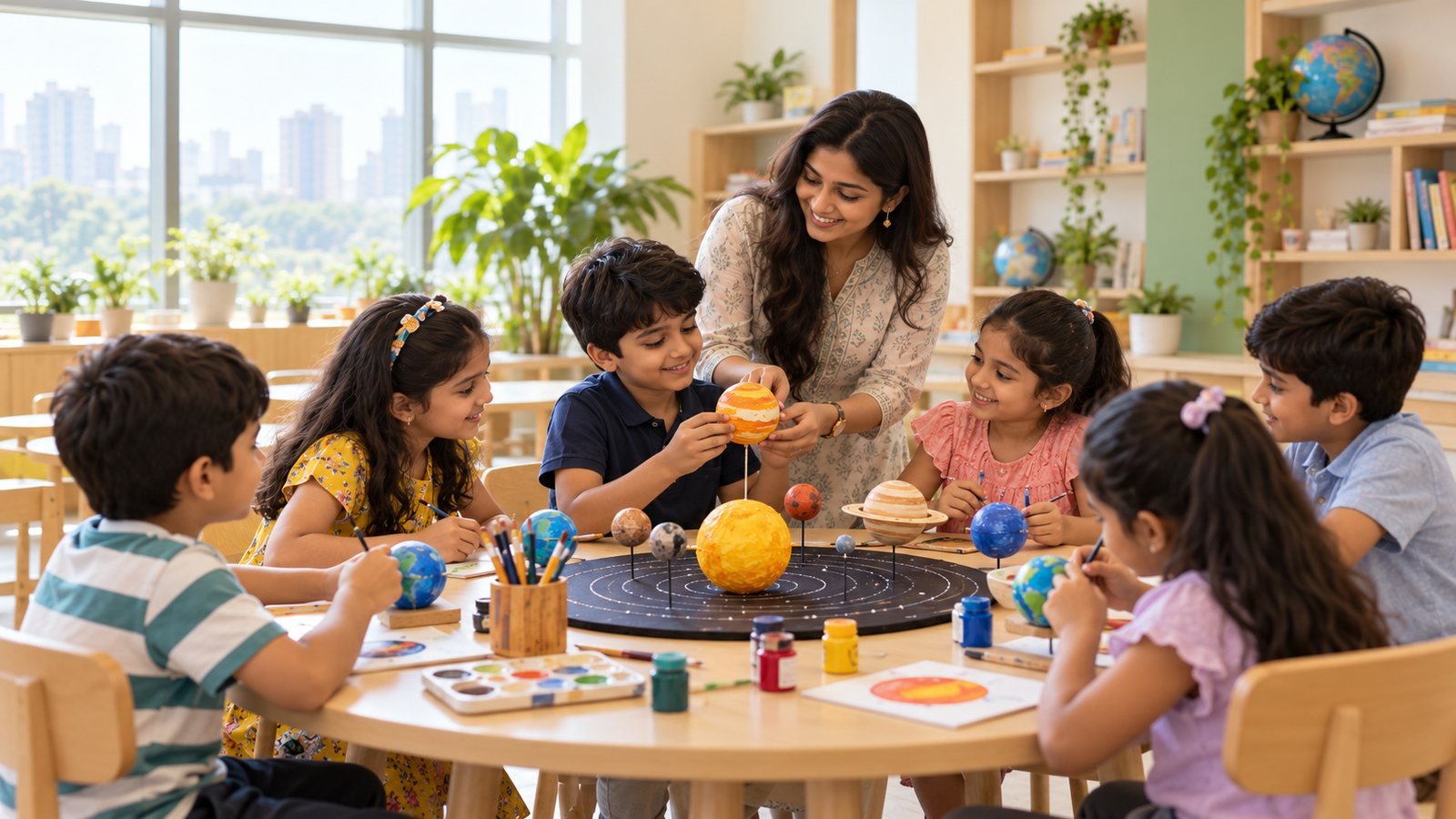 Children building a model of the solar system with their teacher at a round table in a bright classroom