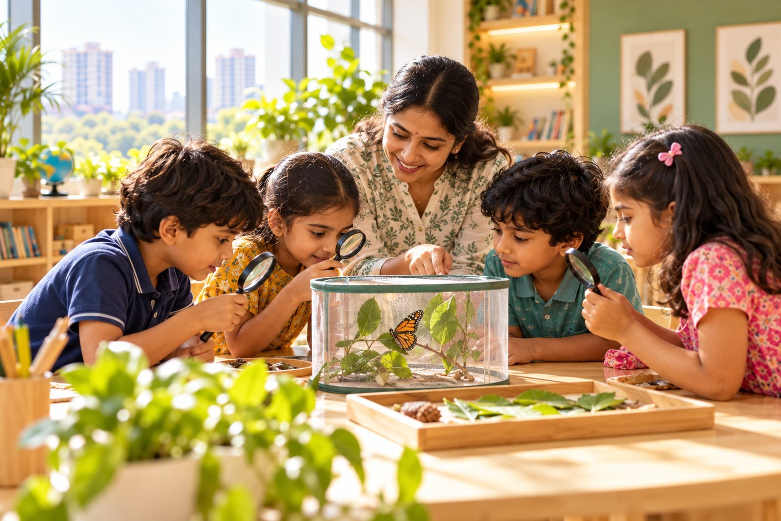 Children examining a butterfly habitat with magnifying glasses