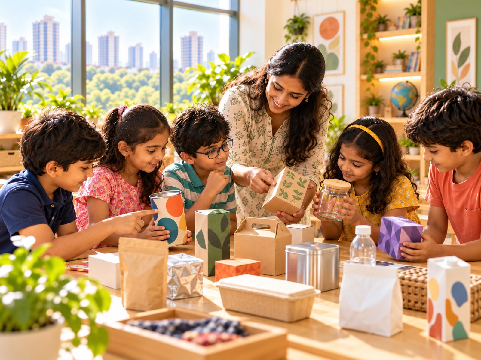 Children examining product packaging with their teacher