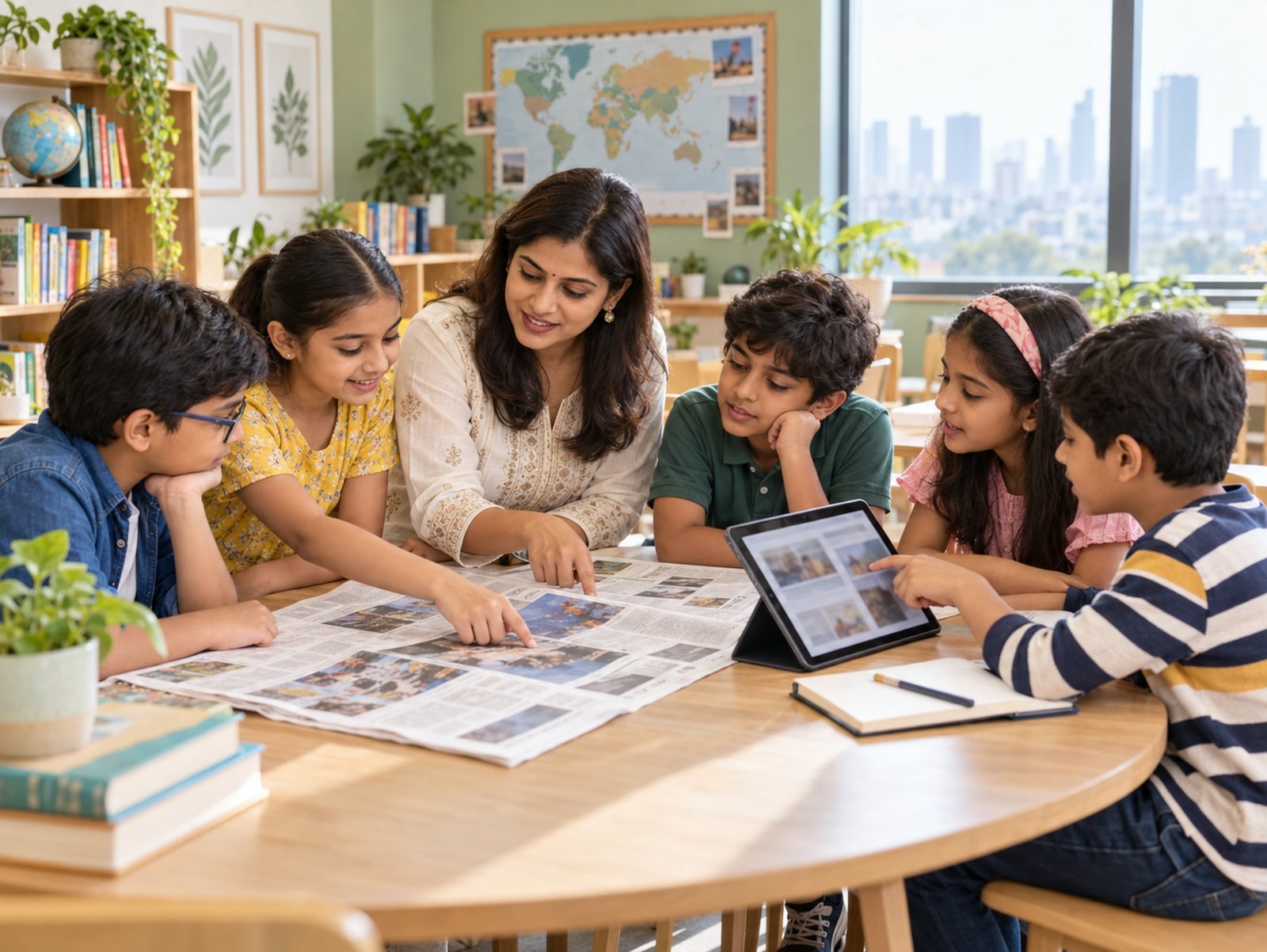 A teacher and children reading a newspaper and a tablet together at a round table