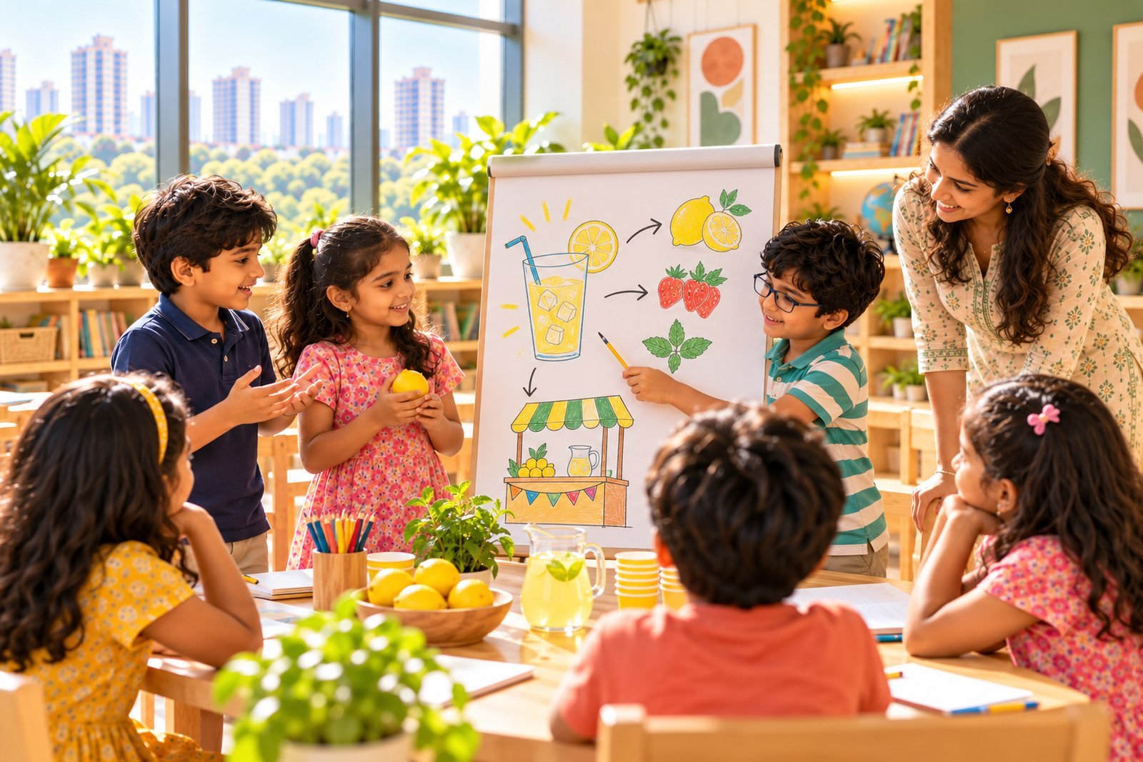 Children planning a lemonade stand on a flipchart with their teacher