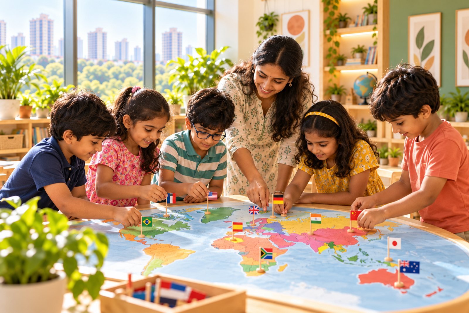 Children placing flags on a floor-sized world map with their teacher
