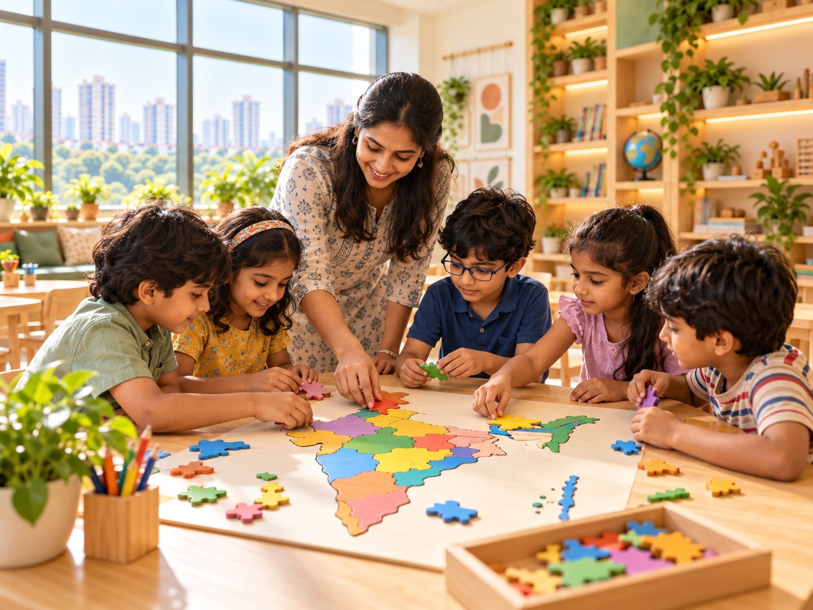 Children piecing together a colourful puzzle map of India