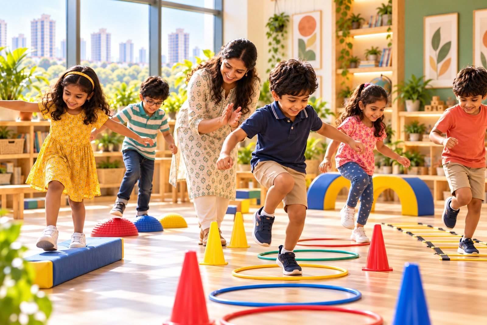 Children running an obstacle course with cones and hoops
