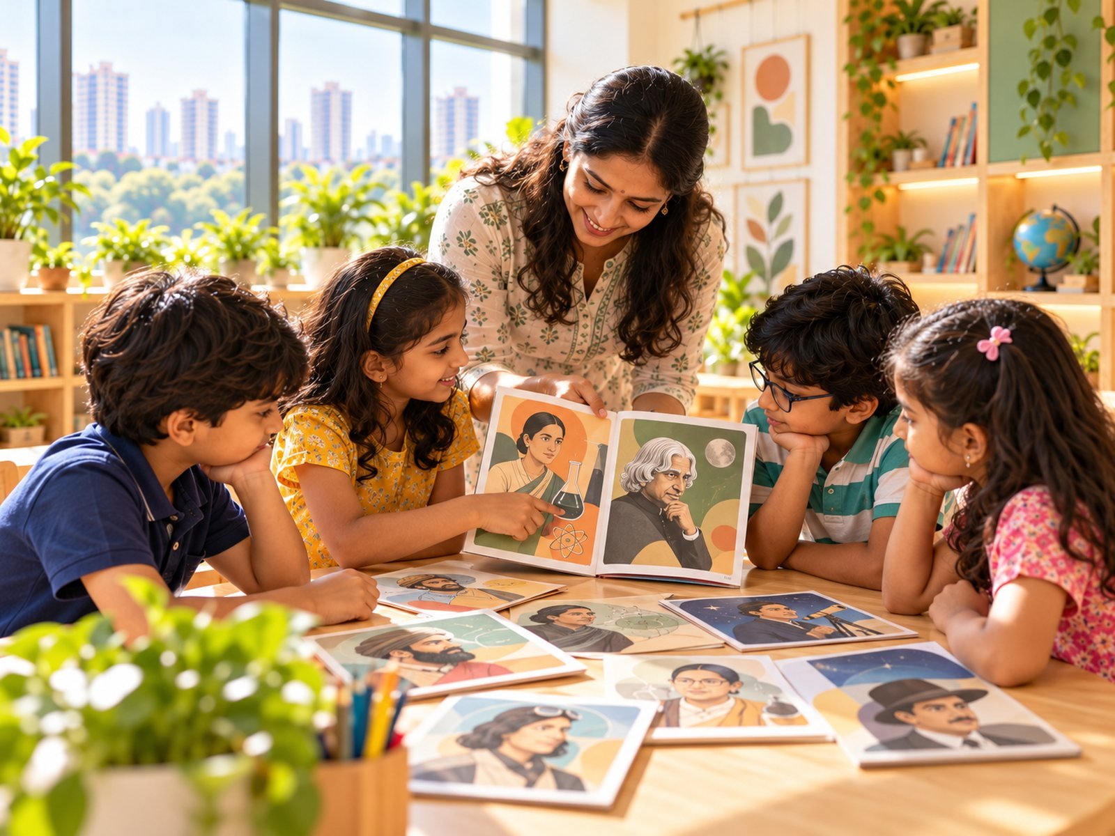 Children looking through portrait cards of people who changed the world