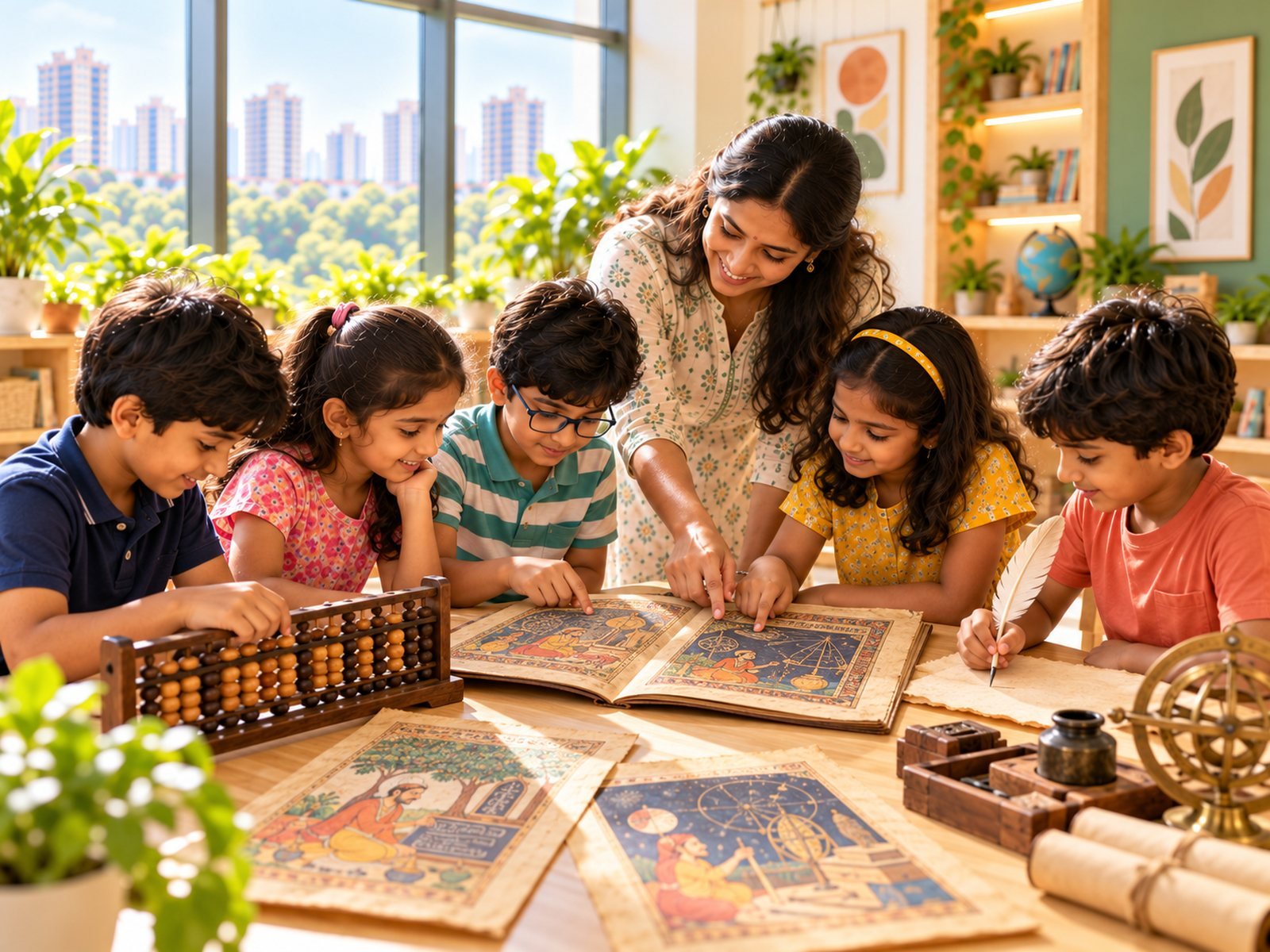 Children and their teacher with an abacus, old manuscripts and an armillary sphere