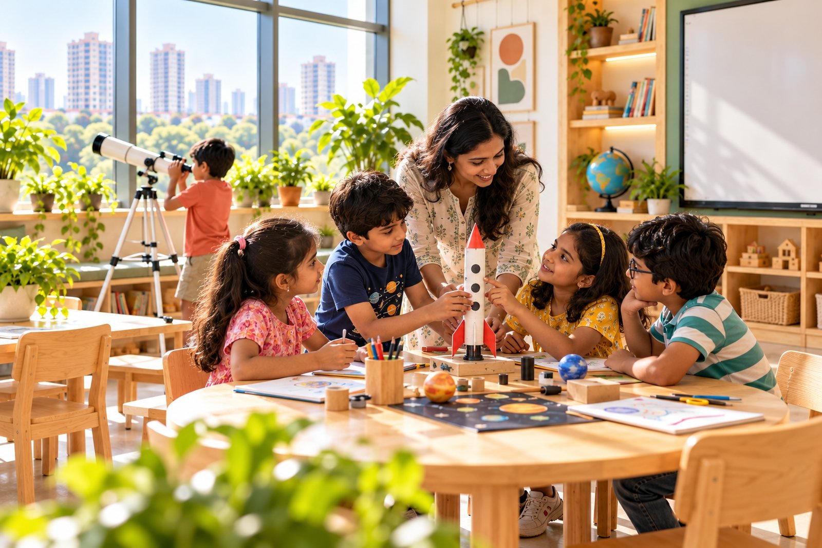 Children building a model rocket with their teacher beside a telescope