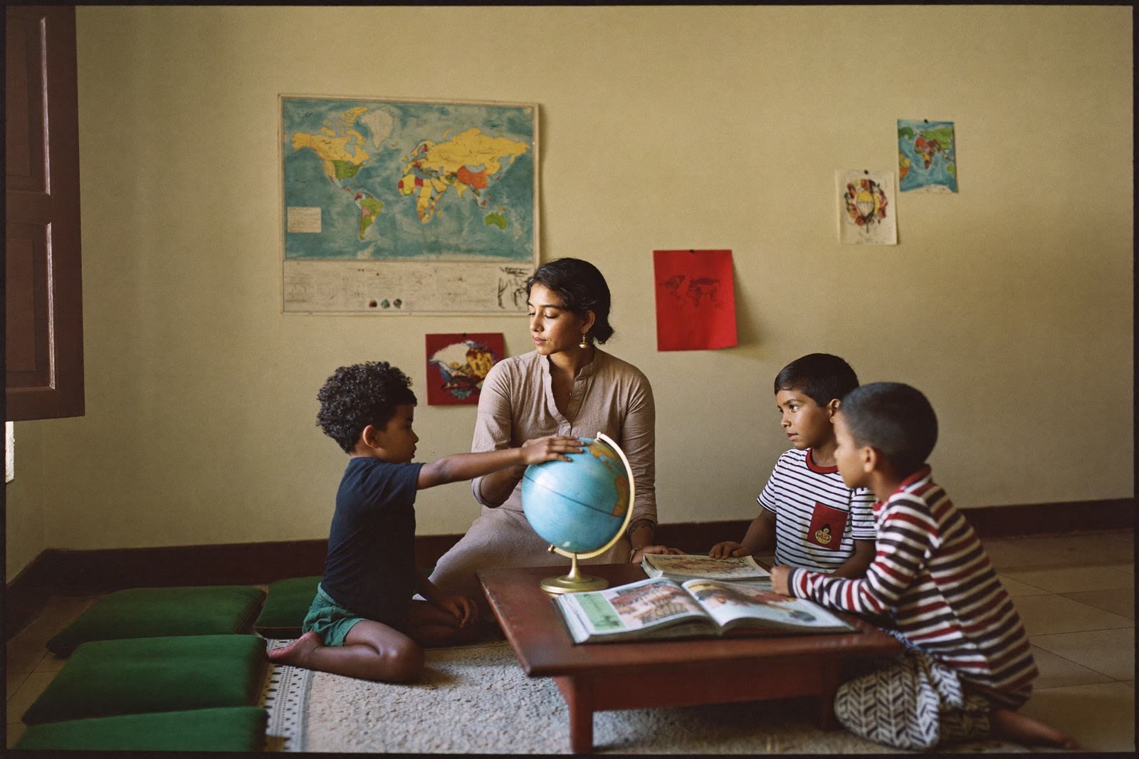 An adult Indian woman educator kneeling at a low table with three children and a globe, children's drawings on the wall. Replaces the white male teacher and rows of desks.
