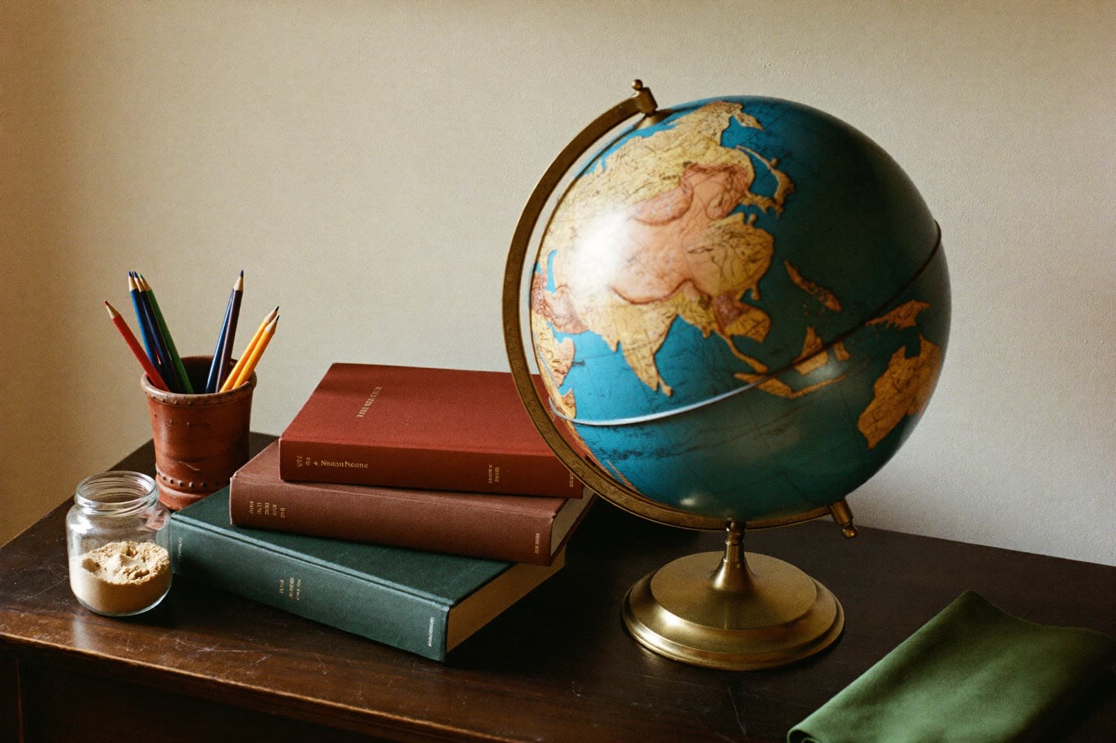 Vintage globe turned to Asia, books in terracotta and forest green,pencils, jar of sand. Brand palette exactly. Replaces the Turkish atlas and Minions pyjamas.