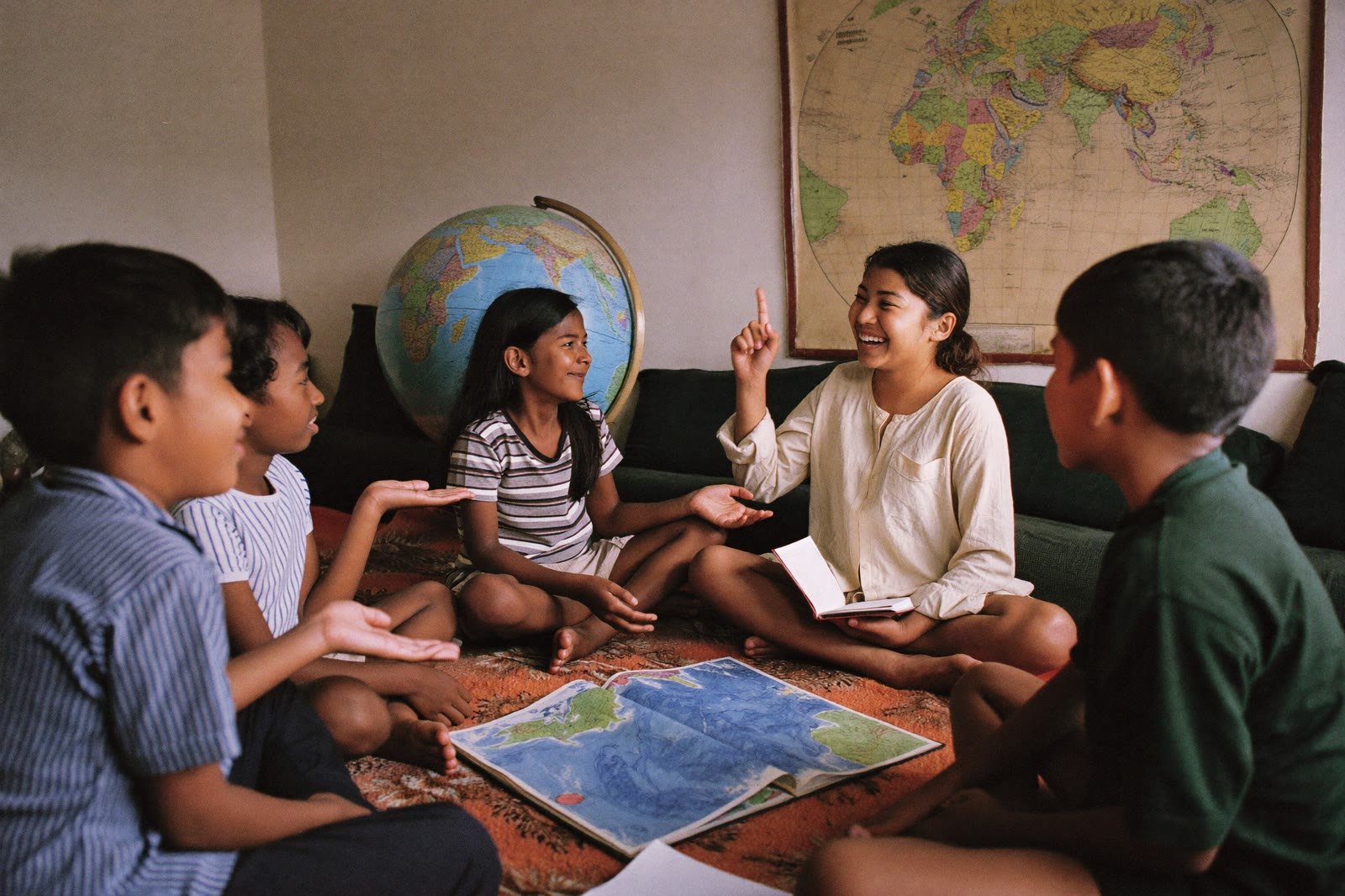 Five Indian children mid-discussion in a circle, hands gesturing, an atlas open on the rug. This is the class your copy describes. Replaces the Latin-American preschool.