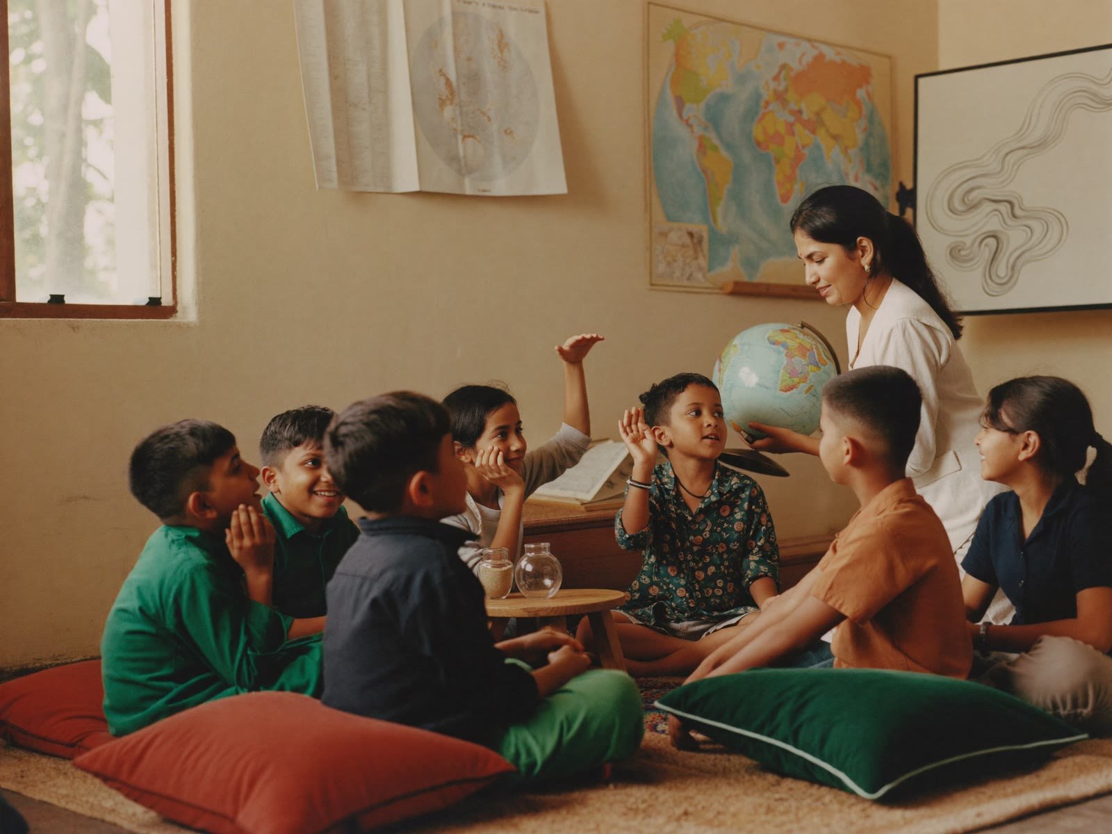 Children in a small Banyan Tree GK class, sitting in a circle and discussing a question with their teacher.